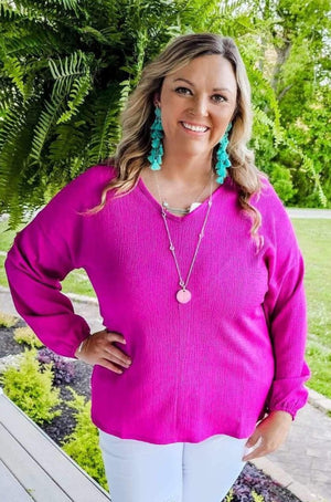 Magenta Rib V-Neck Long Sleeve Top