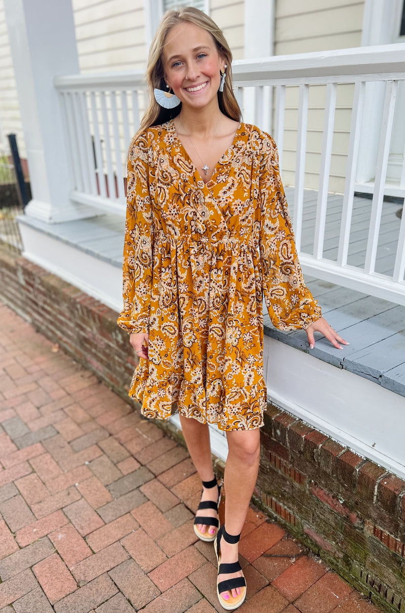 Mustard Paisley Chiffon Dress