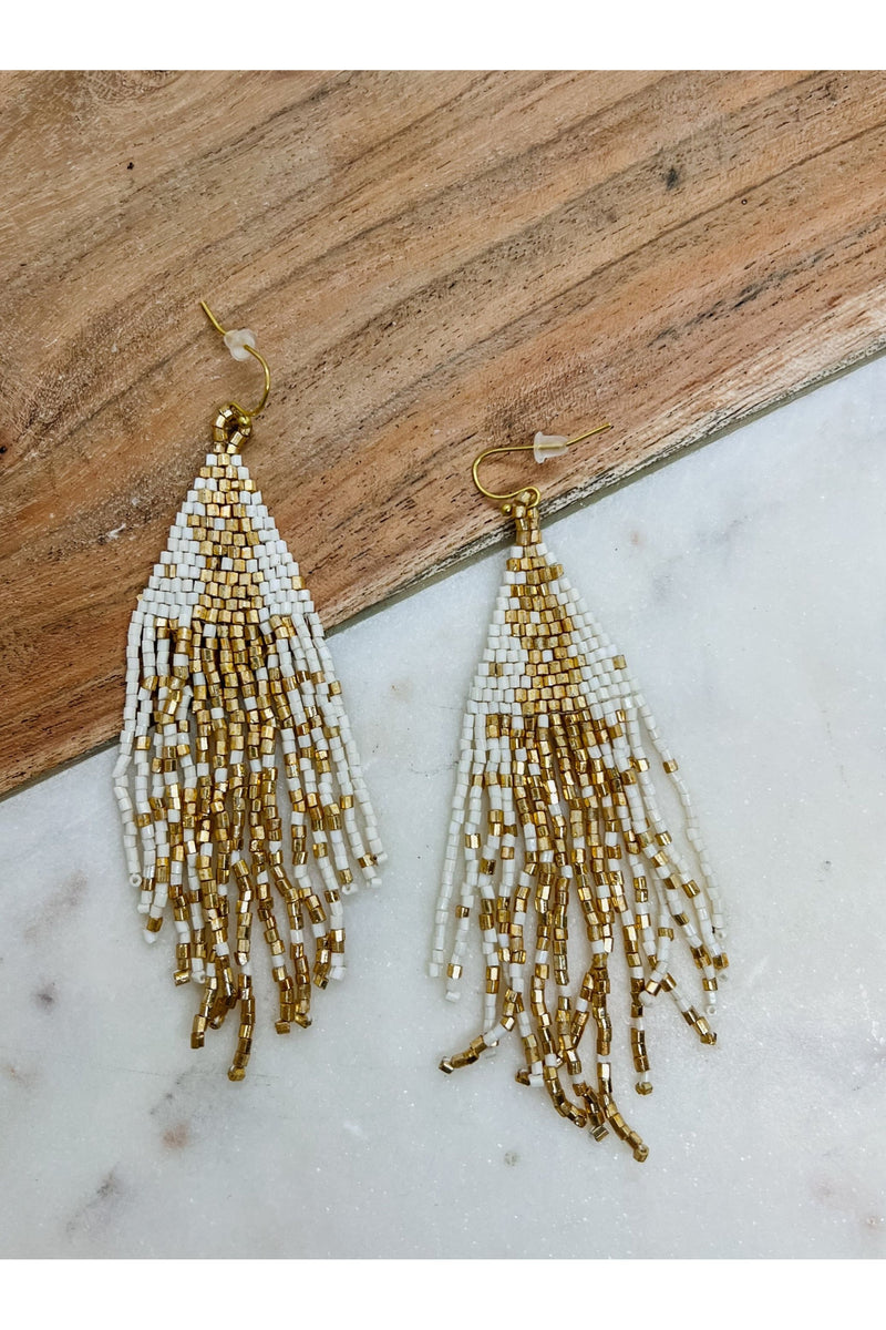 Gold And White Beaded Tassel Earring