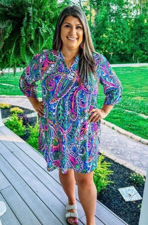 Blue And Pink Paisley Printed Dress