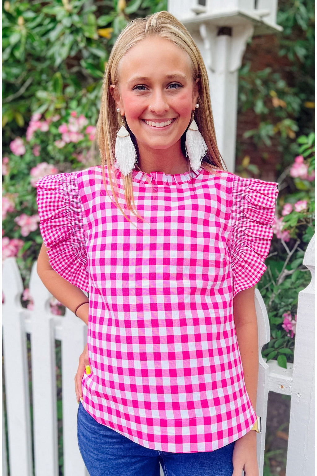 Hot Pink Gingham Ruffled Sleeve Top