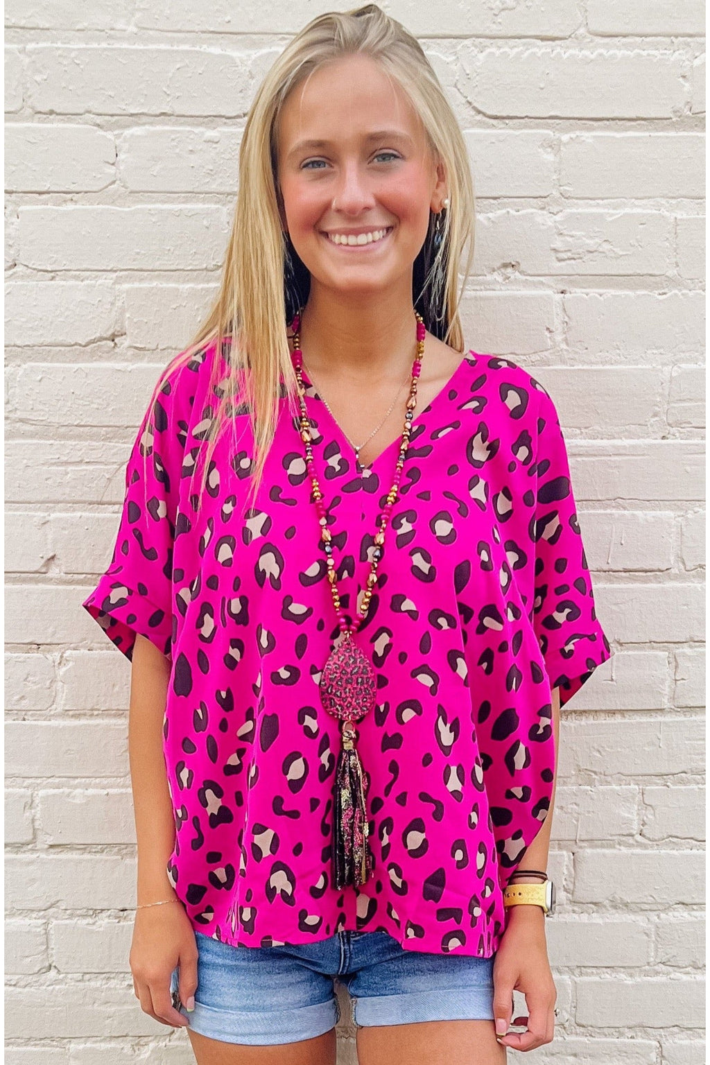 Magenta V-Neck Cheetah Print Top