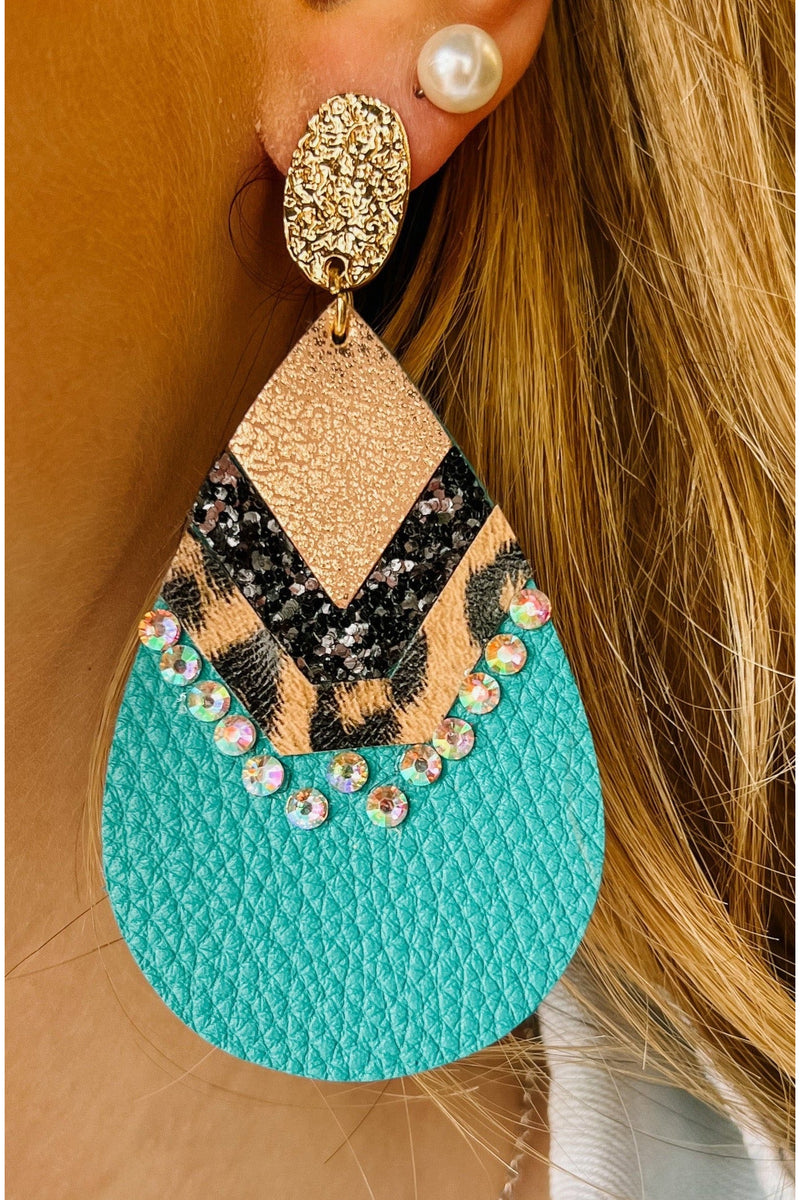 Teal With Cheetah Accent Teardrop Earrings