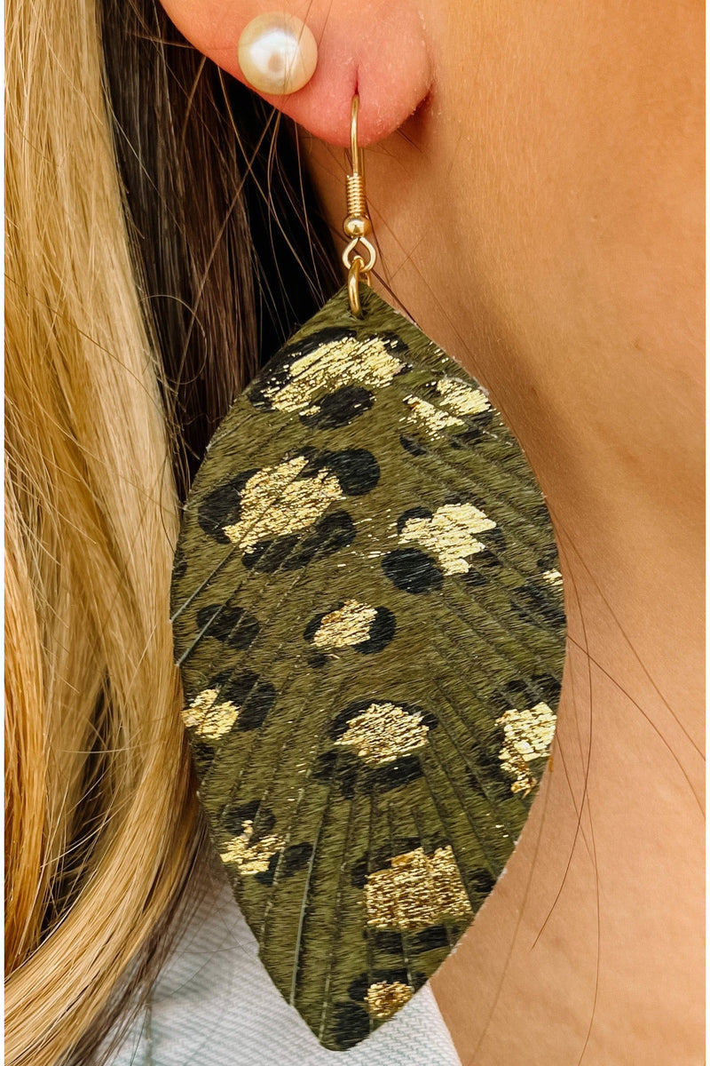 Hunter Green Feather With Cheetah Earrings