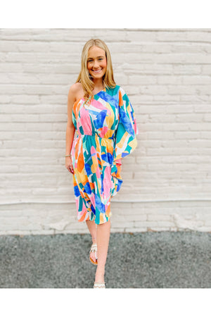 Abstract Printed One Shoulder Dress