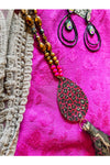 Magenta Cheetah Beaded Tassel Necklace