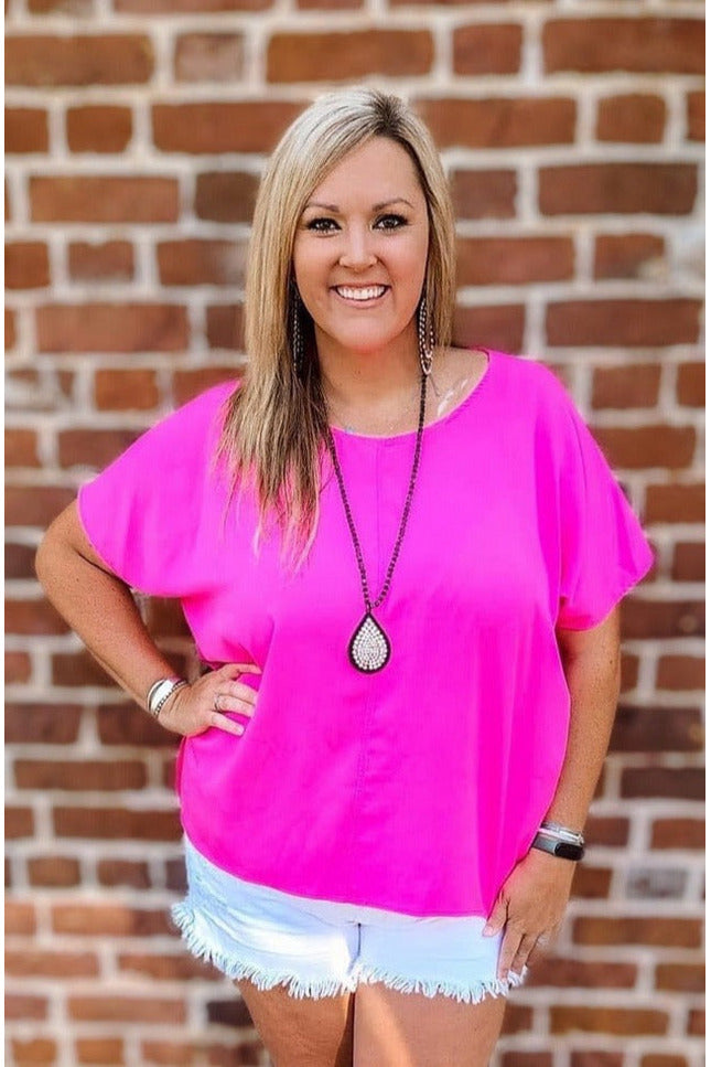 Hot Pink Round Neck Relaxed Fit Top