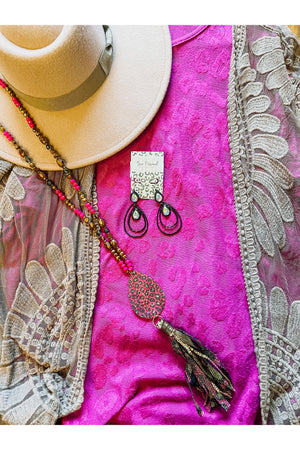 Magenta Cheetah Beaded Tassel Necklace