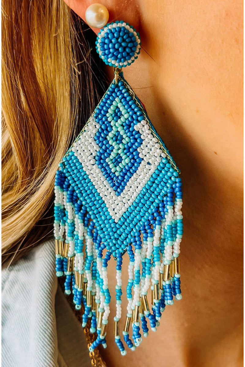 Blue Diamond Shaped Tassel Earrings