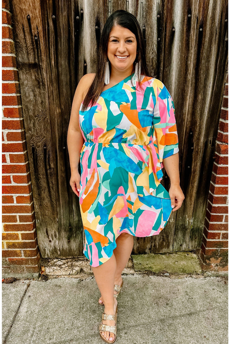 Abstract Printed One Shoulder Dress