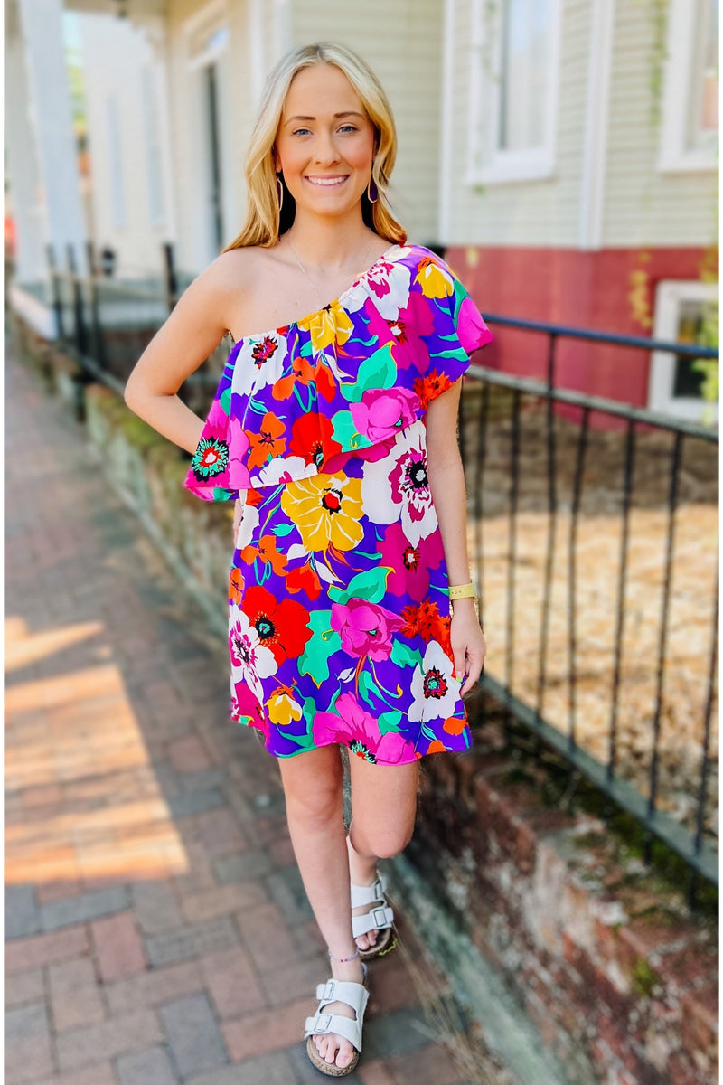 Multicolor Floral One Shoulder Dress