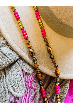 Magenta Cheetah Beaded Tassel Necklace