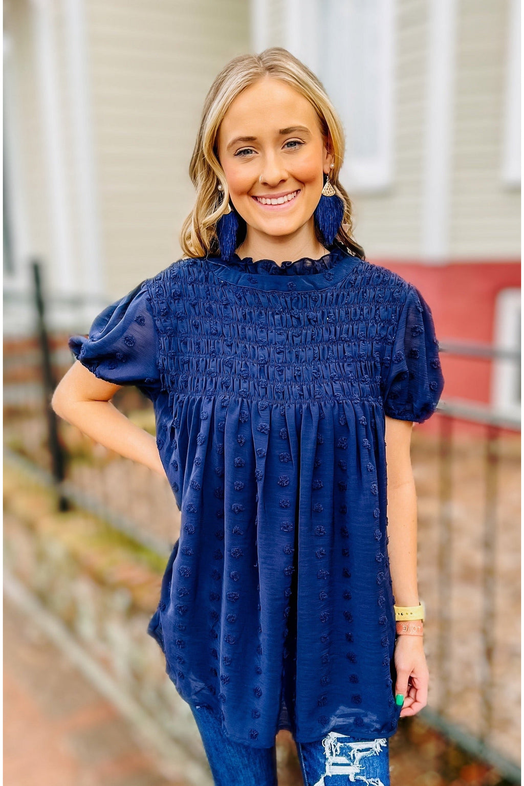 Swiss Dot Smocked Top (Navy)